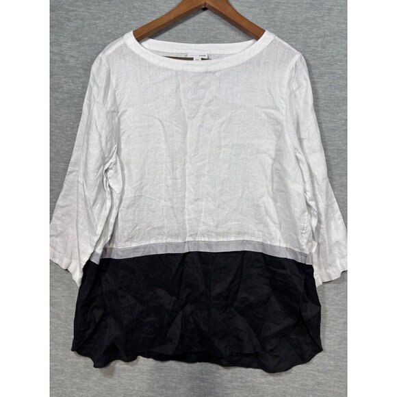 Love Linen J Jill White Black Color Block 100% Linen Top L Tall Lagenlook - Picture 1 of 5